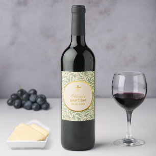 Étiquette Pour Bouteilles De Vin Baptême Feuilles Vertes de Saule en Or Faux Bough
