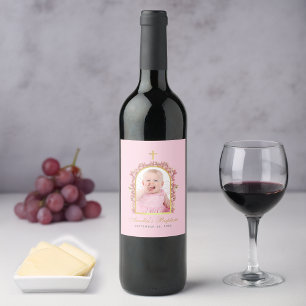 Étiquette Pour Bouteilles De Vin Baptême Girl Photo Orchidées roses Arc d'or floral
