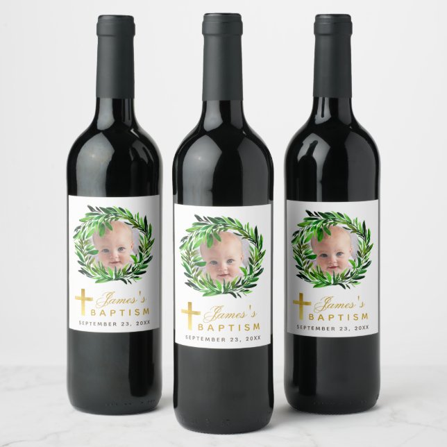 Étiquette Pour Bouteilles De Vin Baptême Photo Botanique Verdure Wreath Faux Gold (Bouteilles)