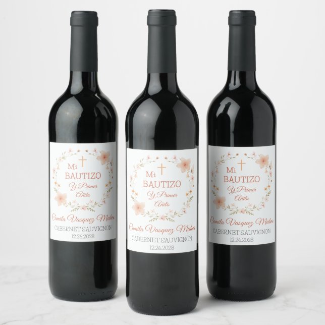 Étiquette Pour Bouteilles De Vin Baptême Premier anniversaire Fleurs roses en espag (Bouteilles)