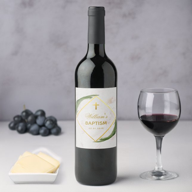 Étiquette Pour Bouteilles De Vin Baptême Verdure Faux Gold Fern Marbre Feuille (Créateur téléchargé)