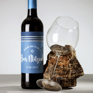 Étiquette Pour Bouteilles De Vin Bar Mitzvah Moderne Bleu Argent Tallit Bold Script