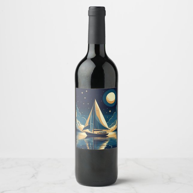 Étiquette Pour Bouteilles De Vin Bateau à voile la nuit (Devant)