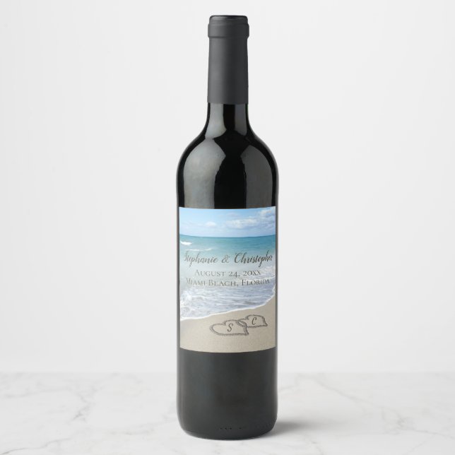 Étiquette Pour Bouteilles De Vin Beach Wedding Hearts (Devant)