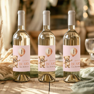 Étiquette Pour Bouteilles De Vin Béaire minimaliste pour fille rose ours 1er annive