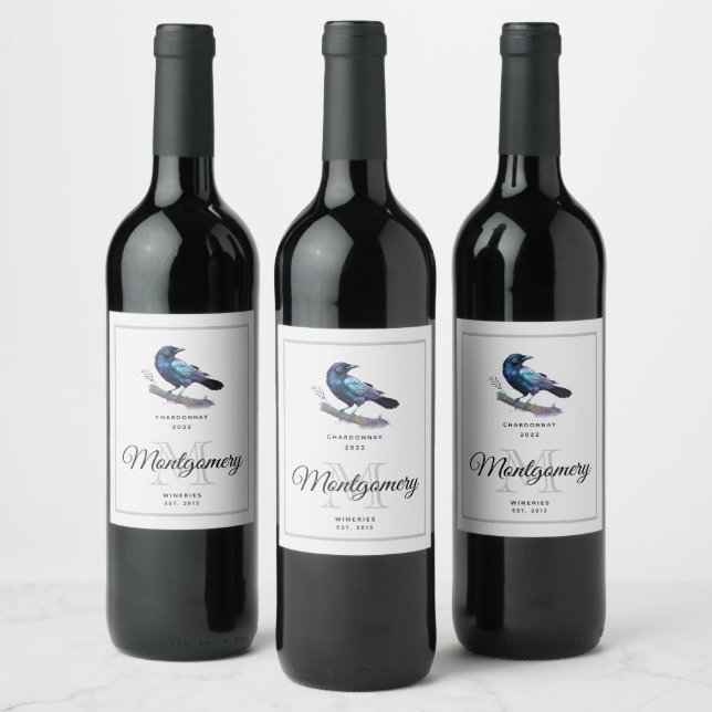 Étiquette Pour Bouteilles De Vin Beau corbeau sur un arbre Branche vinification (Bouteilles)