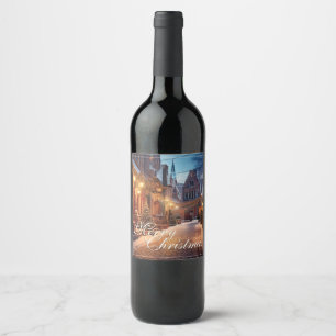 Étiquette Pour Bouteilles De Vin Beau Motif de Noël Cosy dans une Vieille Ville de