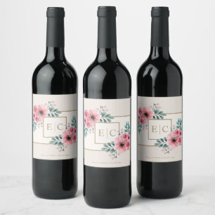 Étiquette Pour Bouteilles De Vin Beige et rose Fleurs aquarelles Mariage Monogram