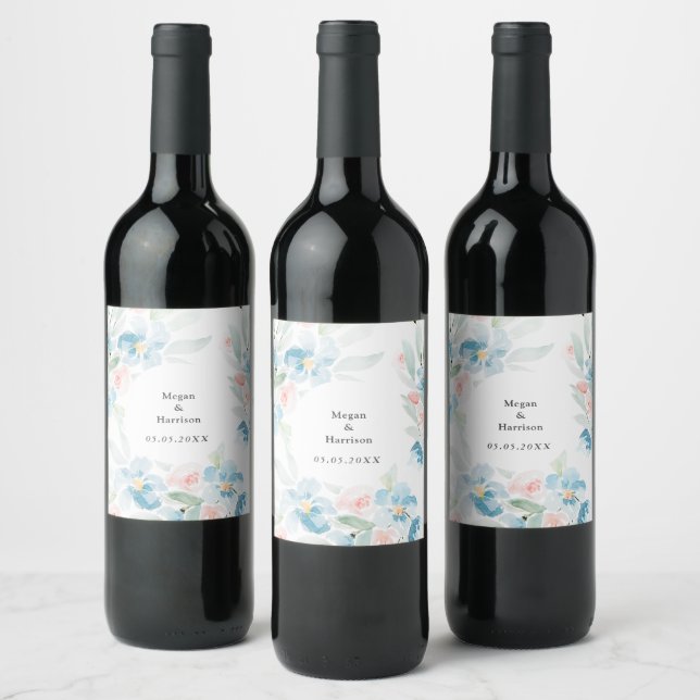 Étiquette Pour Bouteilles De Vin Belle aquarelle bleu rose et fleurs bleues (Bouteilles)