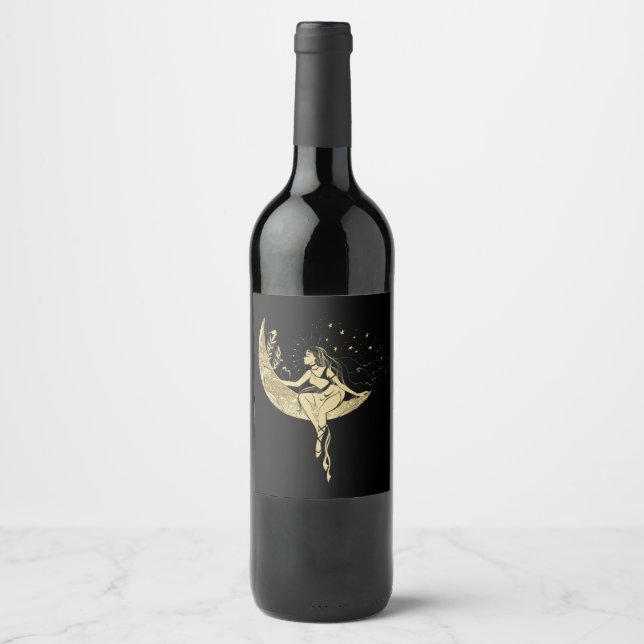 Étiquette Pour Bouteilles De Vin Belle lune étoiles femme art déco illustration (Devant)