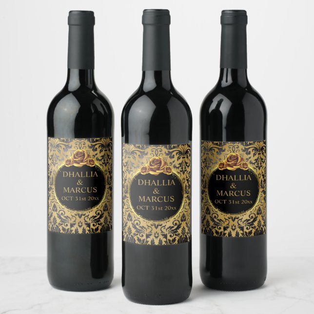Étiquette Pour Bouteilles De Vin Black And Gold Goth Pattern  (Bouteilles)