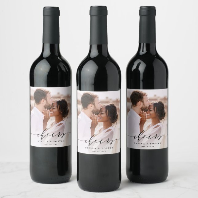Étiquette Pour Bouteilles De Vin Black Cheers Élégante Calligraphie Mariage Photo (Bouteilles)