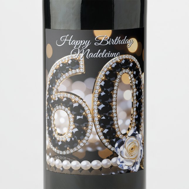 Étiquette Pour Bouteilles De Vin Black Gold Diamond Pearls White Rose 60th Birthday (Créateur téléchargé)