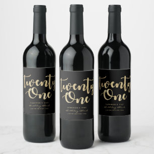Étiquette Pour Bouteilles De Vin Black & Gold moderne 21e anniversaire Personnalisé