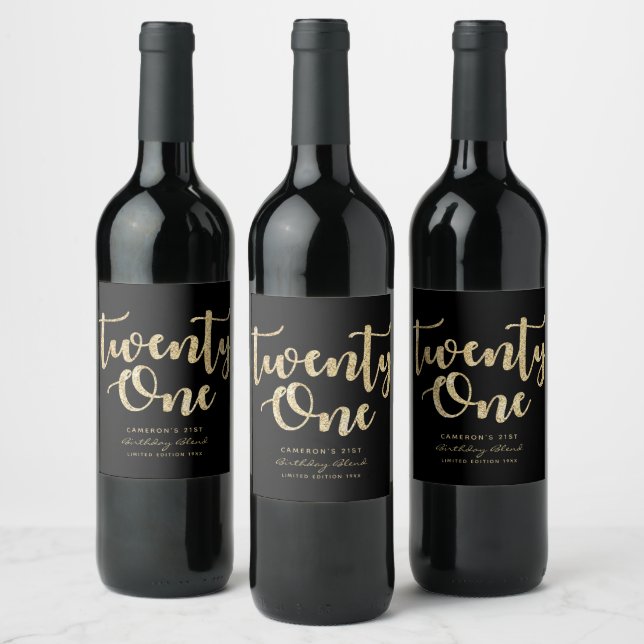 Étiquette Pour Bouteilles De Vin Black & Gold moderne 21e anniversaire Personnalisé (Bouteilles)