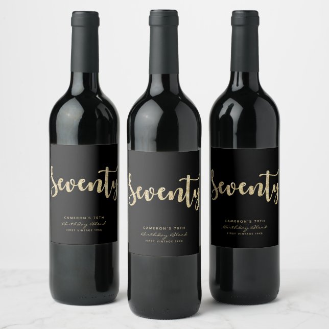 Étiquette Pour Bouteilles De Vin Black & Gold moderne 70e anniversaire Personnalisé (Bouteilles)