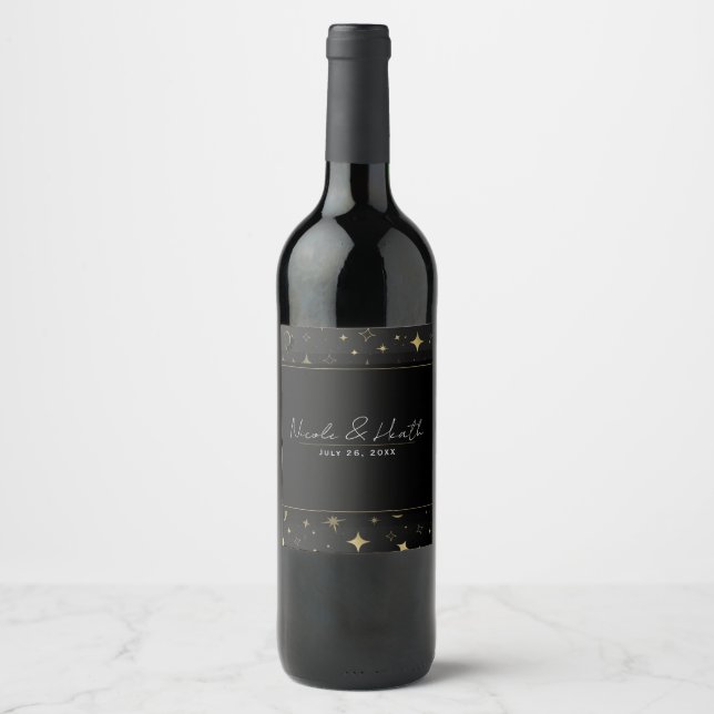 Étiquette Pour Bouteilles De Vin Black & Gold Moderne Lune Céleste Étoiles Mariage (Devant)
