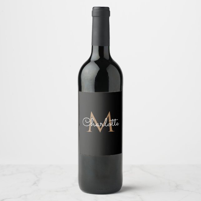 Étiquette Pour Bouteilles De Vin Black Gold Monogram Elegant (Devant)