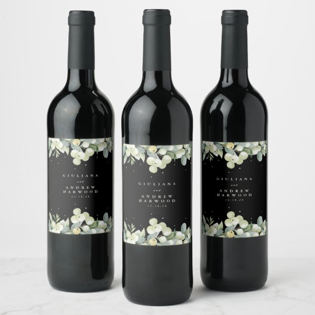 Étiquette Pour Bouteilles De Vin Black Snowberry+Eucalyptus Mariage d'hiver (Bouteilles)