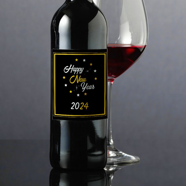 Étiquette Pour Bouteilles De Vin Black White & Gold Star Bonne année 2024 (Black White & Gold Star Happy New Year 2024 Wine Label)