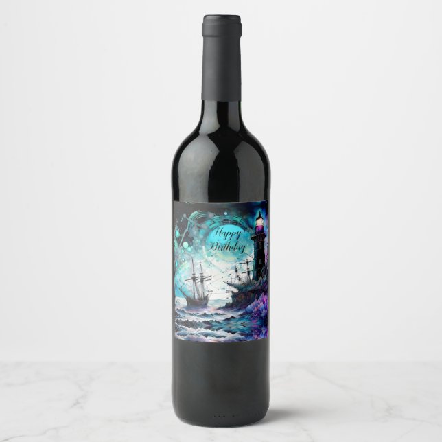 Étiquette Pour Bouteilles De Vin Blacklight-Lighthouse et voilier mer tempête (Devant)