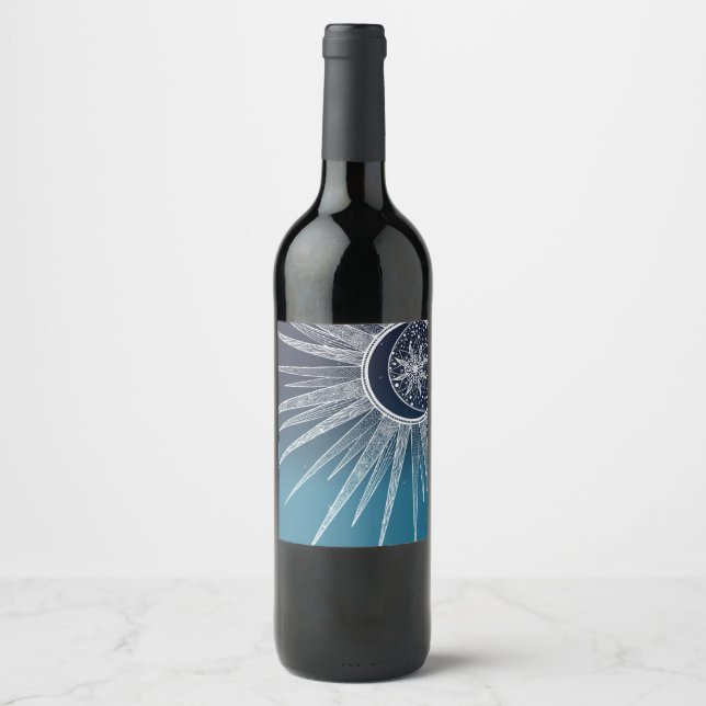 Étiquette Pour Bouteilles De Vin Blanc Sun Moon Mandala Blue Gradient Design (Devant)