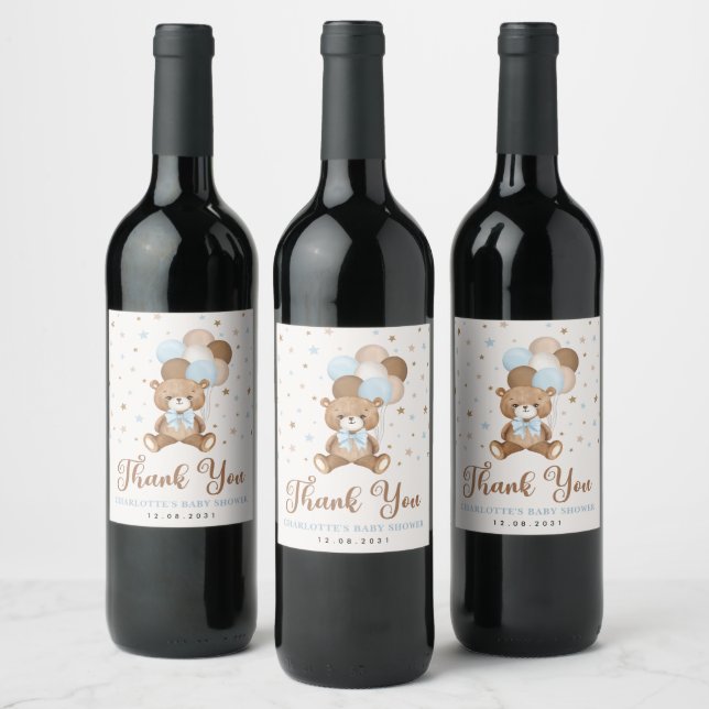 Étiquette Pour Bouteilles De Vin Bleu Brown Ours Teddy Baby shower Faveurs (Bouteilles)
