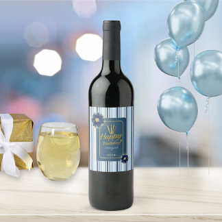 Étiquette Pour Bouteilles De Vin Bleu Chic Bleu Flore Blancs Joyeux Anniversaire No
