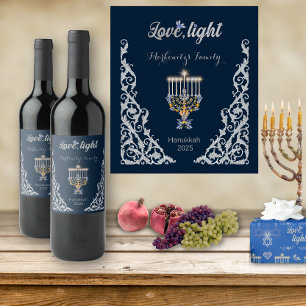 Étiquette Pour Bouteilles De Vin Bleu Élégant Hanukkah Méorah Argent Nom de Famille
