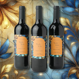 Étiquette Pour Bouteilles De Vin Bleu et Or Floral Vitrail Élégant mariage