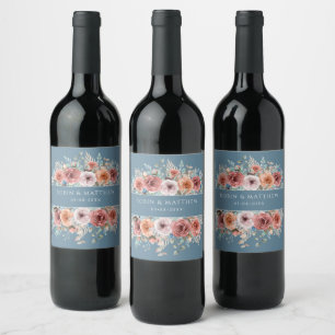 Étiquette Pour Bouteilles De Vin Bleu Ethérée Dusty, Boisson Florale Rose Bleu /