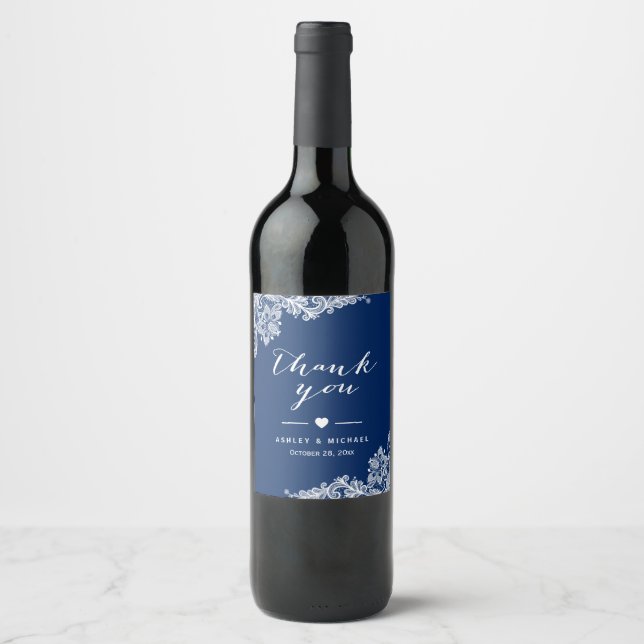 Étiquette Pour Bouteilles De Vin Bleu marine blanc dentelle élégant remerciement de (Devant)