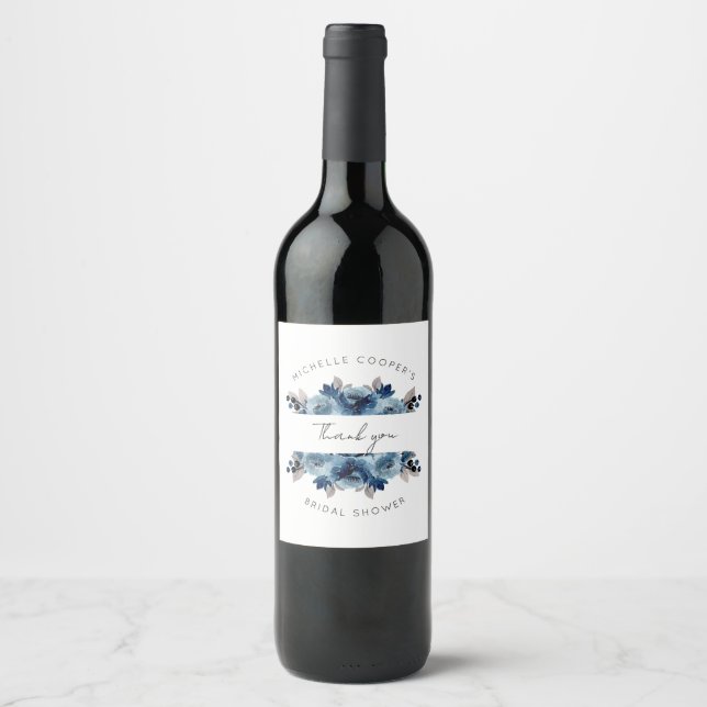 Étiquette Pour Bouteilles De Vin Bleu poussiéreux et floral marine (Devant)