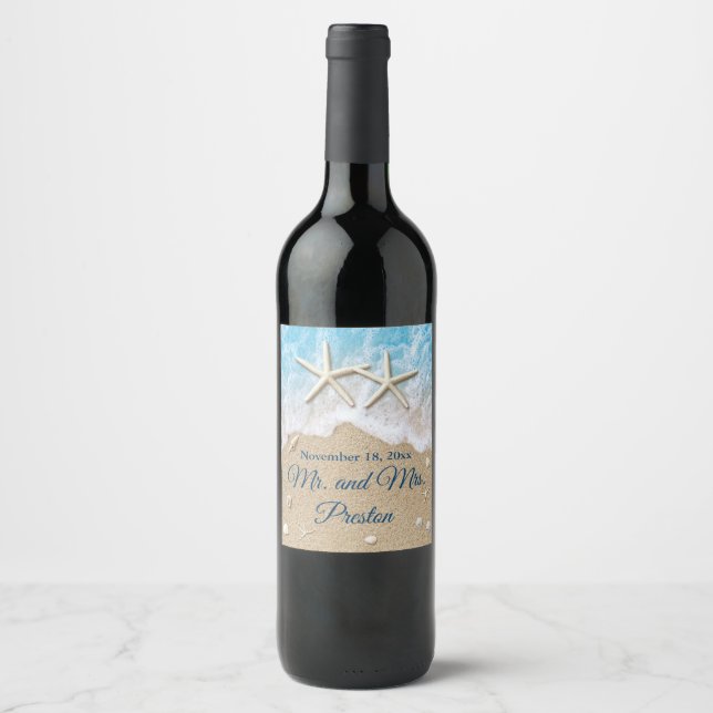 Étiquette Pour Bouteilles De Vin Blue Beach Waves & Starfish (Devant)