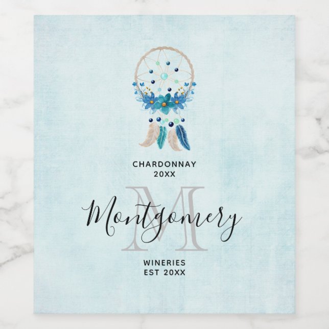 Étiquette Pour Bouteilles De Vin Blue Dreamcatcher Design Boho élégant vinification (Étiquettes simples)