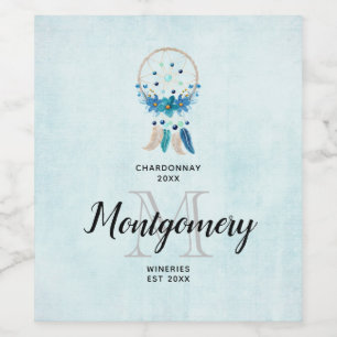 Étiquette Pour Bouteilles De Vin Blue Dreamcatcher Design Boho élégant vinification