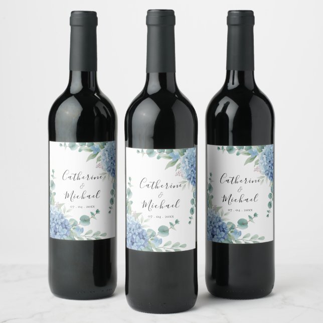 Étiquette Pour Bouteilles De Vin Blue Hydrangea Floral Wedding  (Bouteilles)