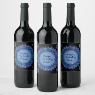 Étiquette Pour Bouteilles De Vin Blue Mandala Birthday Party Ajouter un nom