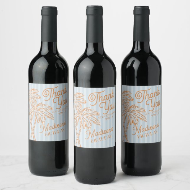 Étiquette Pour Bouteilles De Vin Blue Palm Spring Pastel Beach Anniversaire Partie  (Bouteilles)
