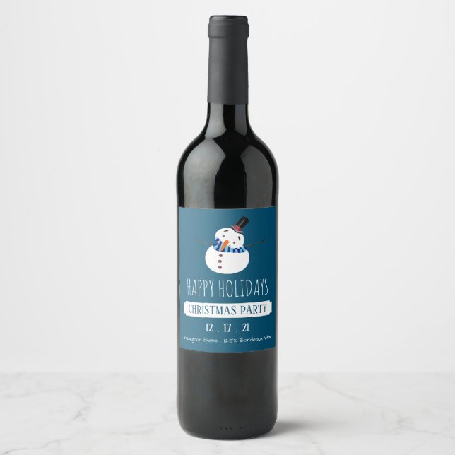 Étiquette Pour Bouteilles De Vin Blue Snowman, fête de Noël (Devant)