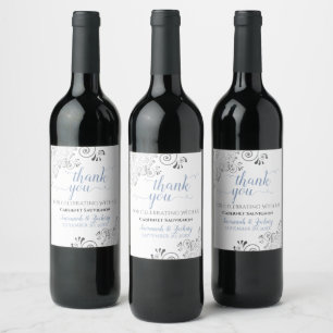 Étiquette Pour Bouteilles De Vin Blue with Gray Frills on White Wedding Thank You
