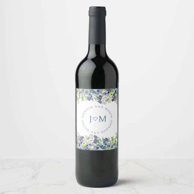 Étiquette Pour Bouteilles De Vin Blueberry marié marié monogramme vin mariage étiqu (Devant)