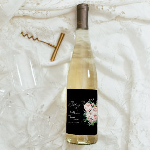 Étiquette Pour Bouteilles De Vin Blush Floral noir Mariage Étiquette de vin