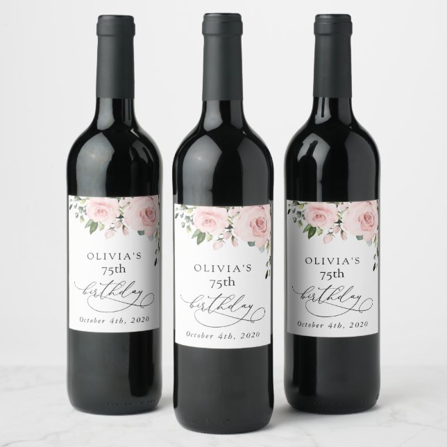 Étiquette Pour Bouteilles De Vin Blush Flowers, Pink Flowers, Greenery, Birthday (Bouteilles)