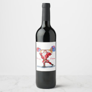 Étiquette Pour Bouteilles De Vin Bodybuilder Santa Claus avec cadeaux de Noël Drôle