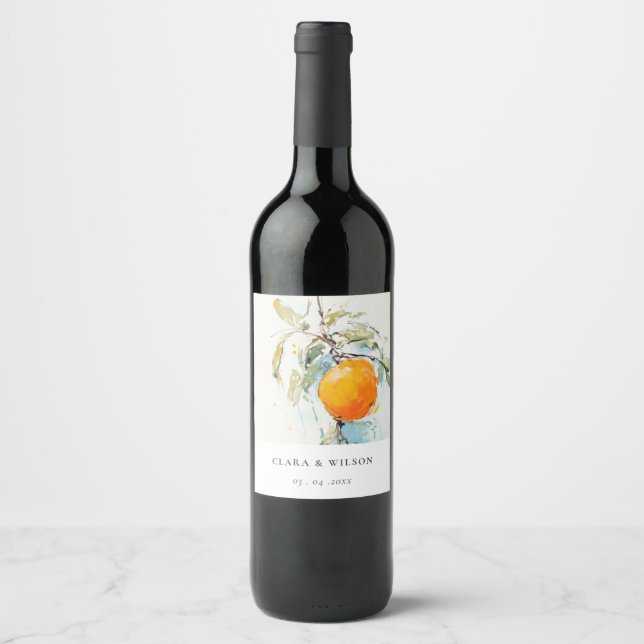 Étiquette Pour Bouteilles De Vin Boho Abstrait Sketchy Orange Garden Mariage (Devant)