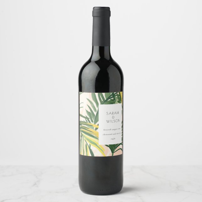 Étiquette Pour Bouteilles De Vin Boho Blush Green Tropical Palm Beach Mariage (Devant)