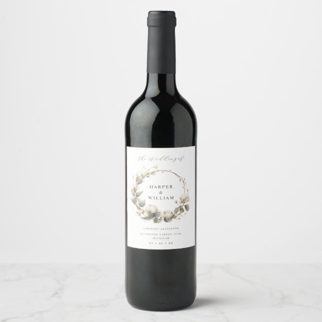 Étiquette Pour Bouteilles De Vin Boho coton et mariage à couronne d'eucalyptus (Devant)