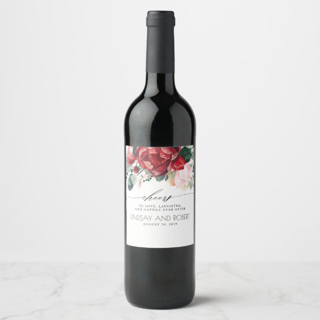 Étiquette Pour Bouteilles De Vin Boho de Bourgogne rouge et rose (Devant)