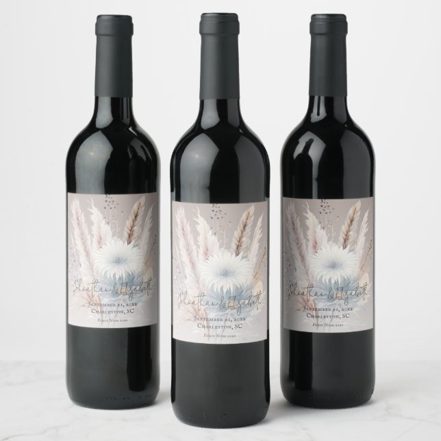 Étiquette Pour Bouteilles De Vin Boho d'hiver Mariage Floral | Beige (Bouteilles)